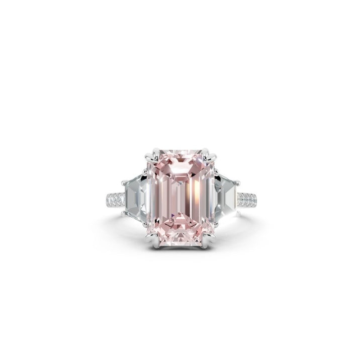 Pink Emerald-Cut Lab-Grown Diamond Ring | 14K White Gold | Trapezoid & Round Lab-Grown Diamonds | Three-Stone Design - Brownee Jewelers