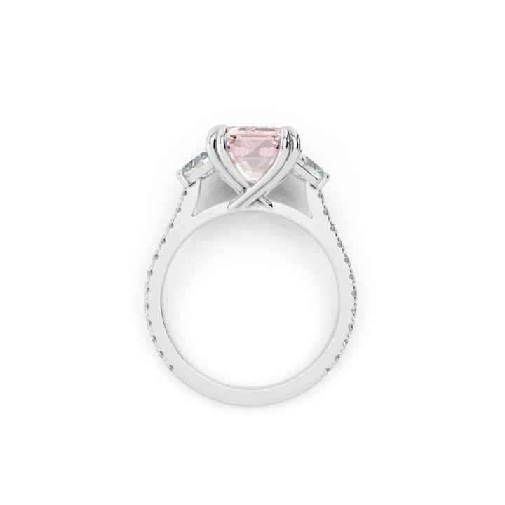 Pink Emerald-Cut Lab-Grown Diamond Ring | 14K White Gold | Trapezoid & Round Lab-Grown Diamonds | Three-Stone Design - Brownee Jewelers