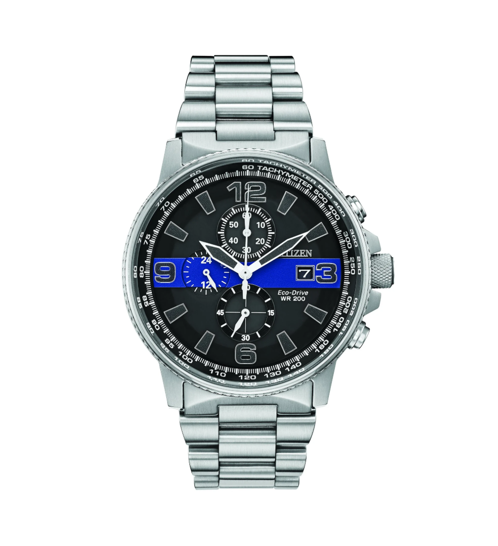 CITIZEN THIN BLUE LINE | MEN'S ECO-DRIVE WATCH | STAINLESS STEEL | BLACK DIAL | WR 200 | CA0291-59E - Brownee Jewelers