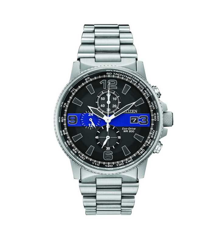 CITIZEN THIN BLUE LINE | MEN'S ECO-DRIVE WATCH | STAINLESS STEEL | BLACK DIAL | WR 200 | CA0291-59E - Brownee Jewelers