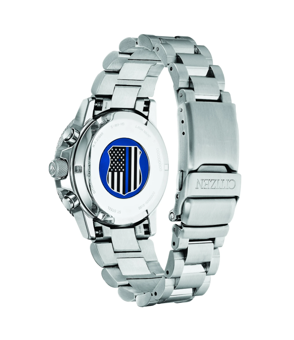 CITIZEN THIN BLUE LINE | MEN'S ECO-DRIVE WATCH | STAINLESS STEEL | BLACK DIAL | WR 200 | CA0291-59E - Brownee Jewelers