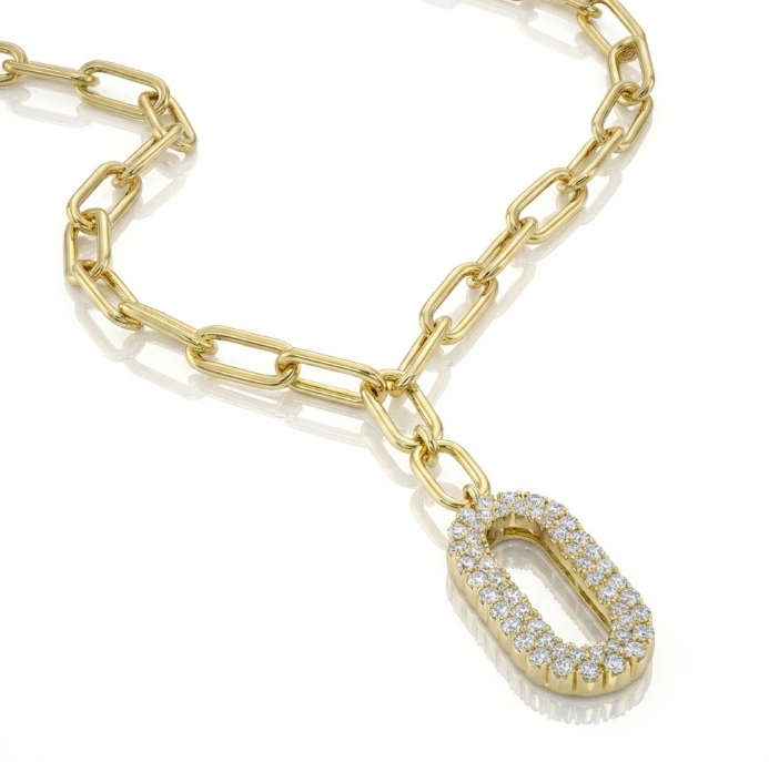 Diamond Paperclip Link Necklace | 14K Yellow Gold | 0.92 ctw | Pavé Link Pendant - Brownee Jewelers