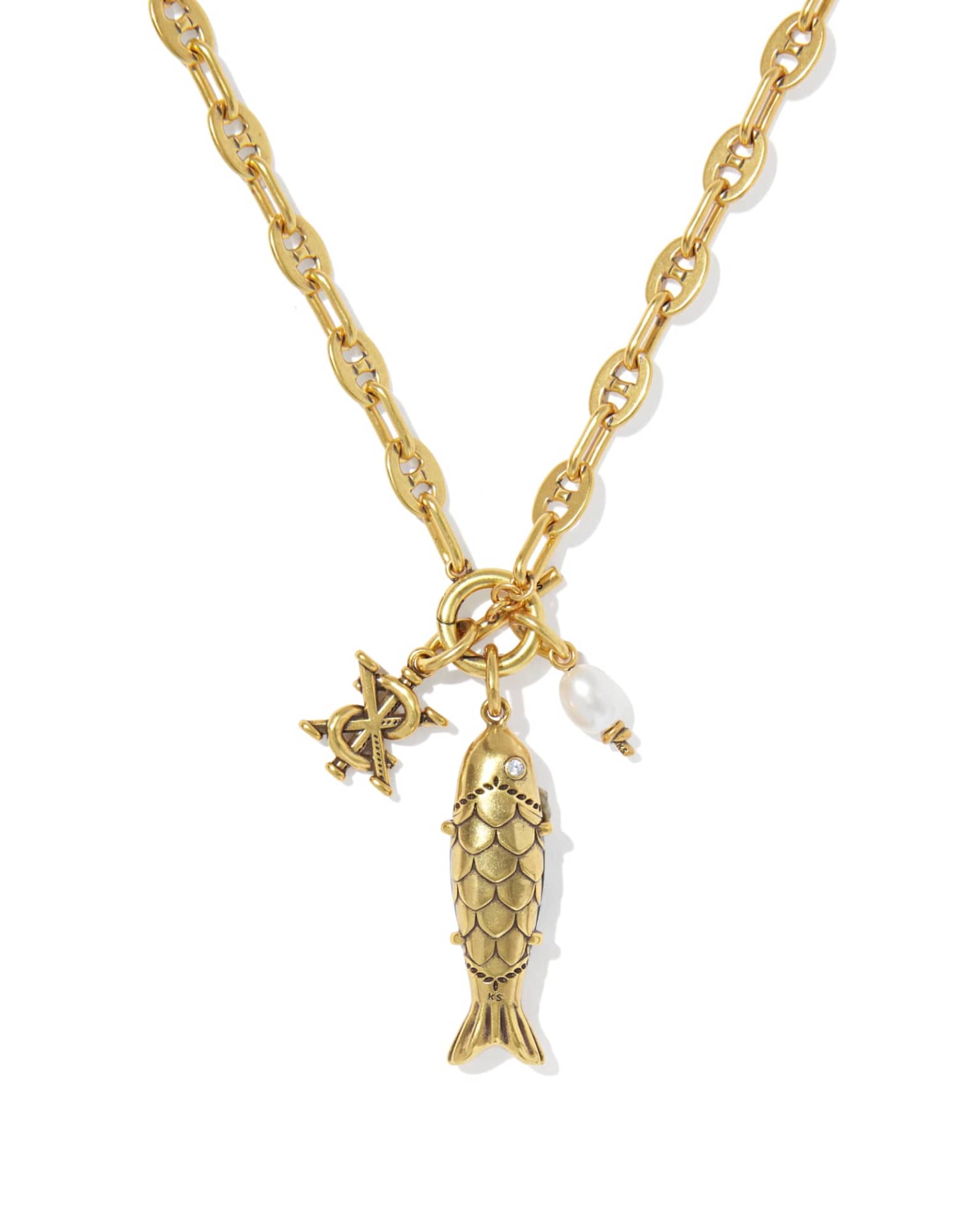 Kendra Scott Parker Fish Long Charm Necklace in Vintage Gold over Brass with a Reversible Abalone Shell Fish and a Freshwater Pearl Accent