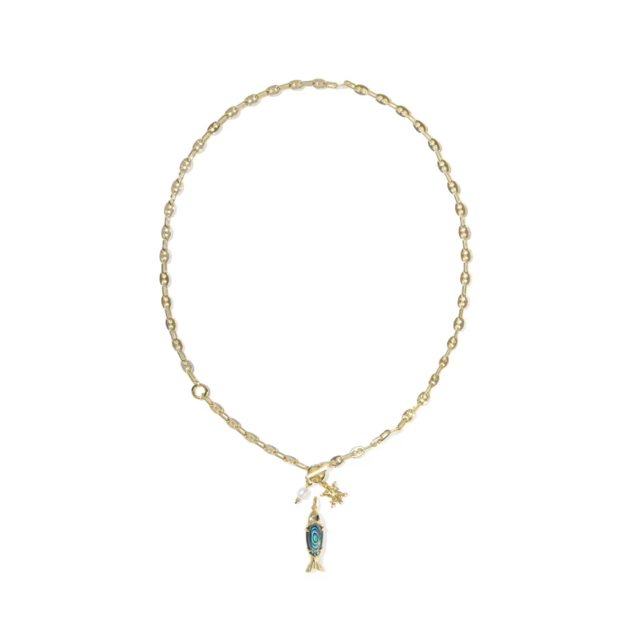 Kendra Scott Parker Fish Long Charm Necklace in Vintage Gold over Brass with a Reversible Abalone Shell Fish and a Freshwater Pearl Accent