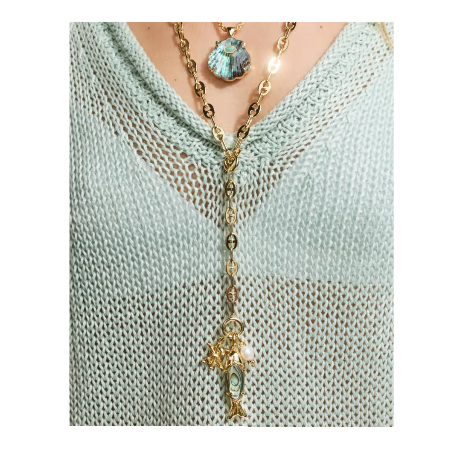 Kendra Scott Parker Fish Long Charm Necklace in Vintage Gold over Brass with a Reversible Abalone Shell Fish and a Freshwater Pearl Accent