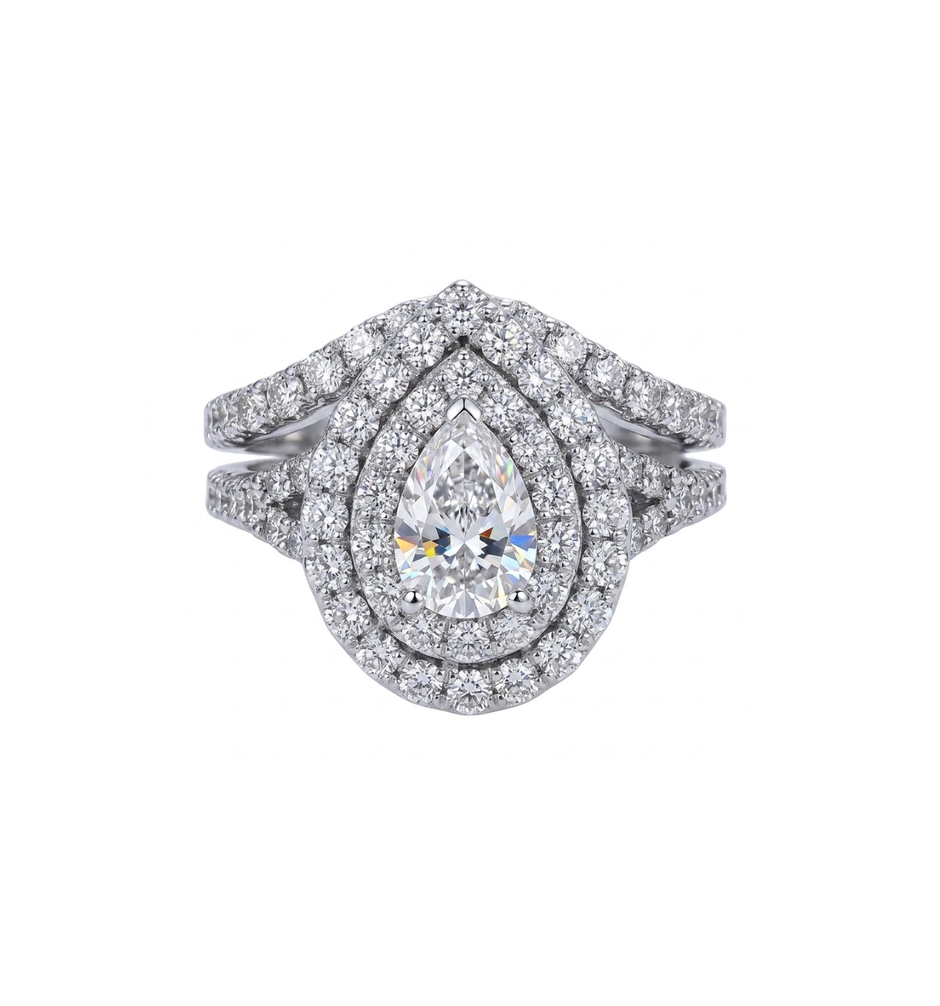 Double Diamond Halo with 0.65 Carat Pear-Shaped Diamond Center Bridal Ring Set in 14K White Gold