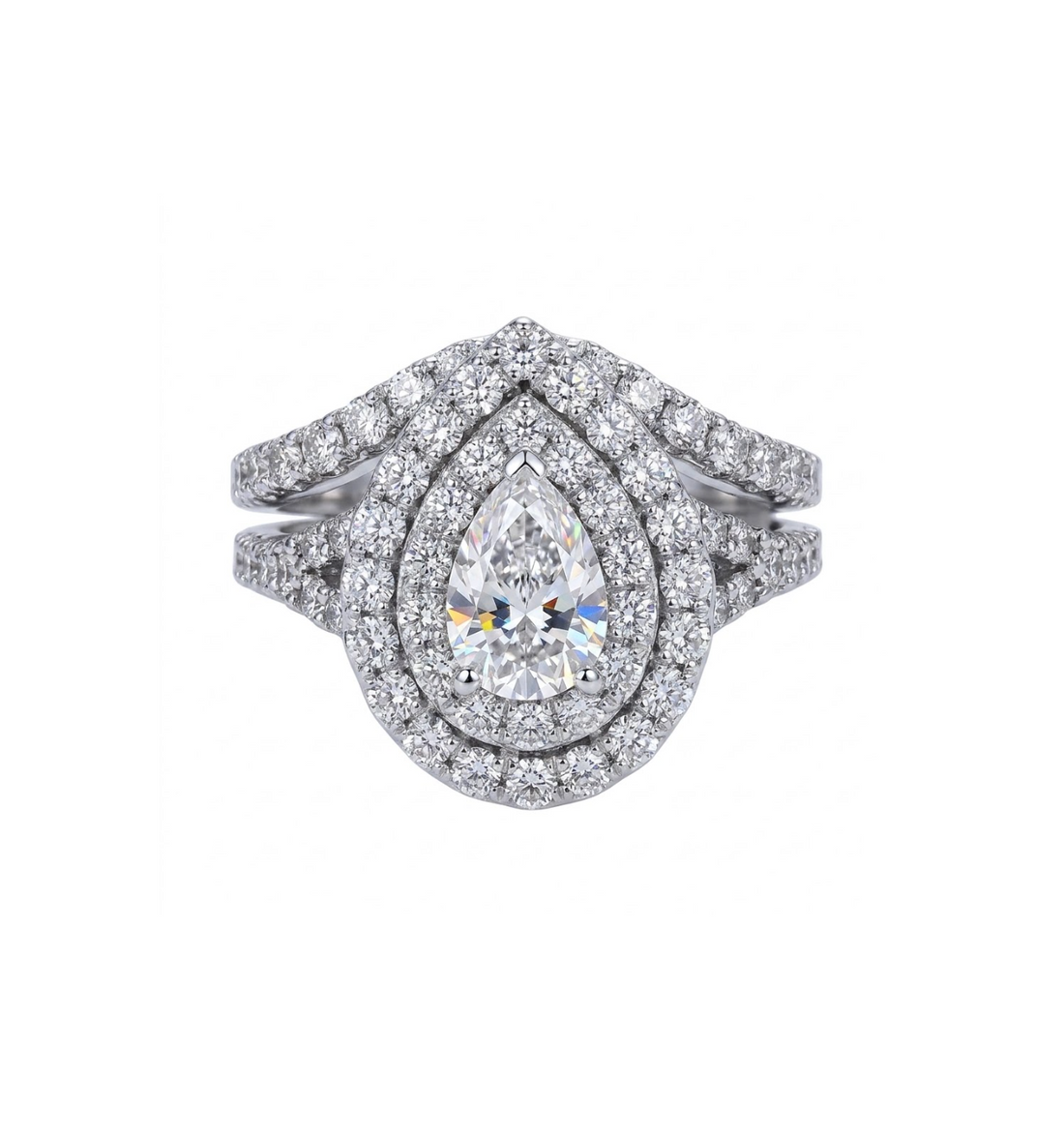 Double Diamond Halo with 0.65 Carat Pear-Shaped Diamond Center Bridal Ring Set in 14K White Gold
