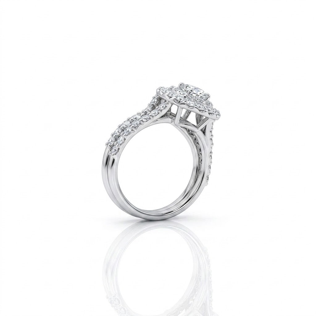 Double Diamond Halo with 0.65 Carat Pear-Shaped Diamond Center Bridal Ring Set in 14K White Gold