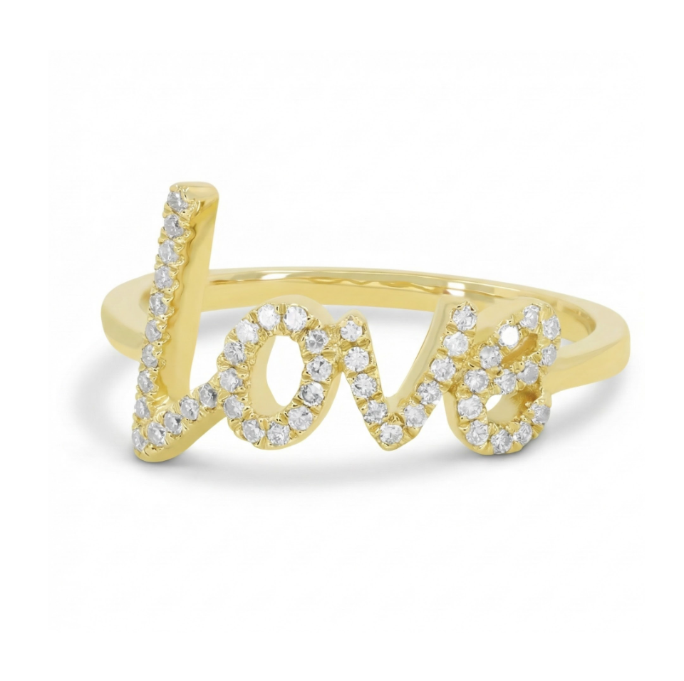 Diamond “Love” Ring | 14K Yellow Gold | Pavé Diamond Script Ring | Romantic Statement Design - Brownee Jewelers