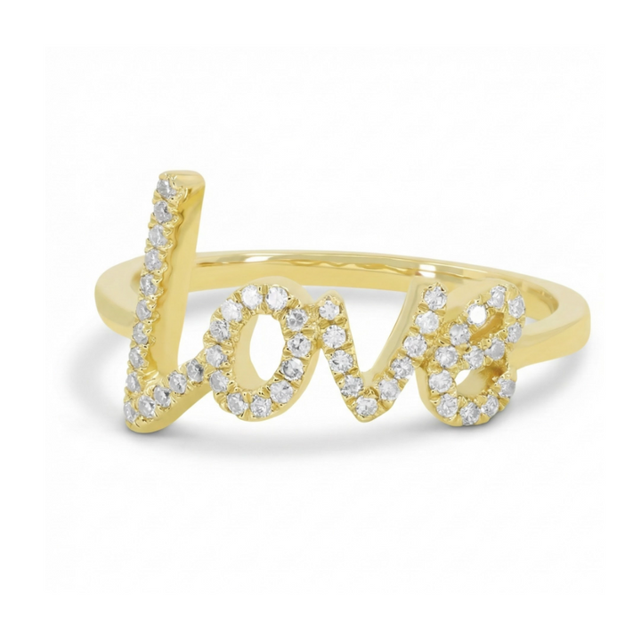 Diamond “Love” Ring | 14K Yellow Gold | Pavé Diamond Script Ring | Romantic Statement Design - Brownee Jewelers