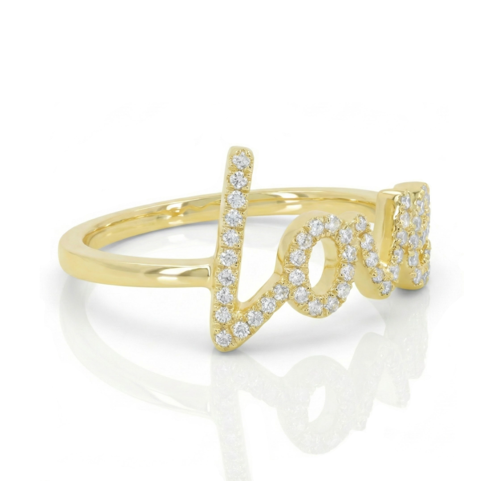 Diamond “Love” Ring | 14K Yellow Gold | Pavé Diamond Script Ring | Romantic Statement Design - Brownee Jewelers