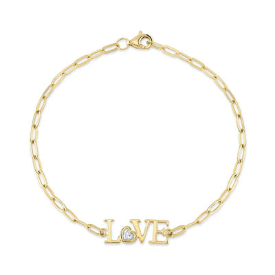 Diamond Heart “LOVE” Paperclip Bracelet | 14K Yellow Gold | 0.12 ctw Round Diamonds - Brownee Jewelers