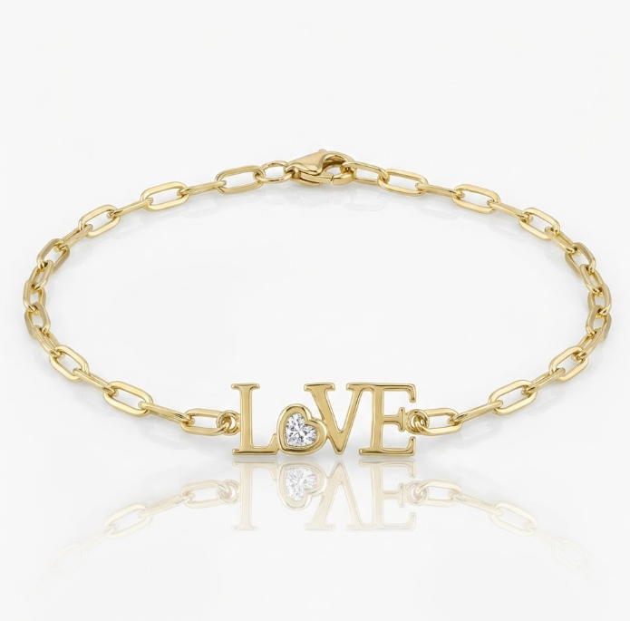 Diamond Heart “LOVE” Paperclip Bracelet | 14K Yellow Gold | 0.12 ctw Round Diamonds - Brownee Jewelers