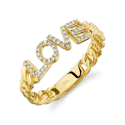 Diamond “LOVE” Link Ring | 14K Yellow Gold | Pavé Round Diamonds | Chain Band - Brownee Jewelers