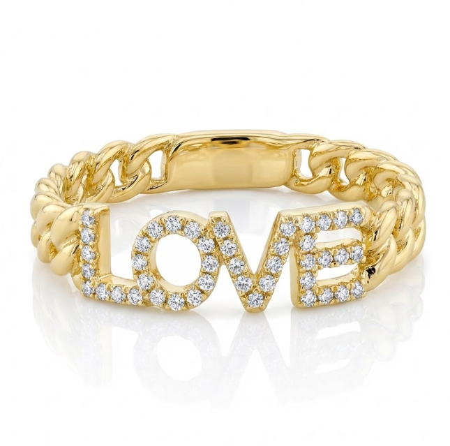 Diamond “LOVE” Link Ring | 14K Yellow Gold | Pavé Round Diamonds | Chain Band - Brownee Jewelers