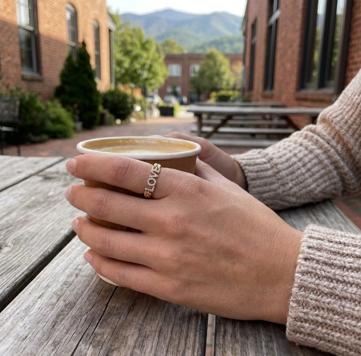 Diamond “LOVE” Link Ring | 14K Yellow Gold | Pavé Round Diamonds | Chain Band - Brownee Jewelers