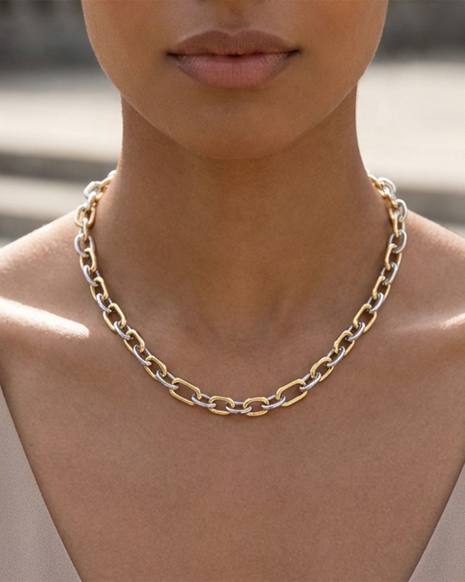 18 Inch Two-Tone Sterling Silver and 18K Yellow Gold Italian Cable Link Necklace with a Pear-Shaped Lobster Clasp