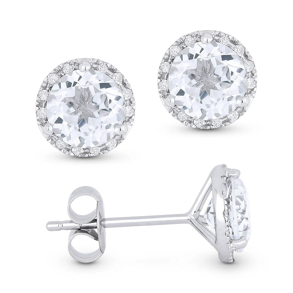 Madison L | White Topaz Diamond Halo Stud Earrings | 14K White Gold | Round Gemstone Earrings - Brownee Jewelers