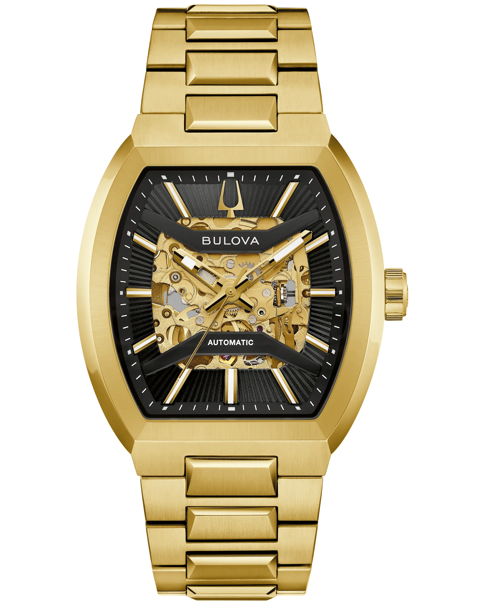 Bulova Maquina Gold-Tone Stainless Steel Automatic Skeleton Watch with Black Dial Skeleton
