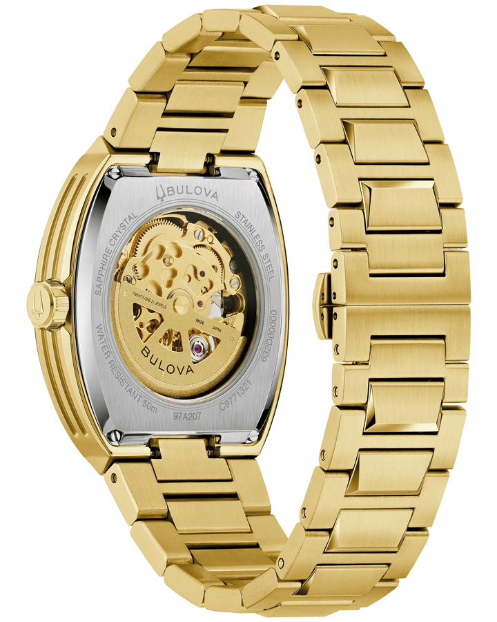 Bulova Maquina | Automatic Skeleton Watch | Gold-Tone Stainless Steel | Black Skeleton Dial | 40mm Case | 97A207 - Brownee Jewelers