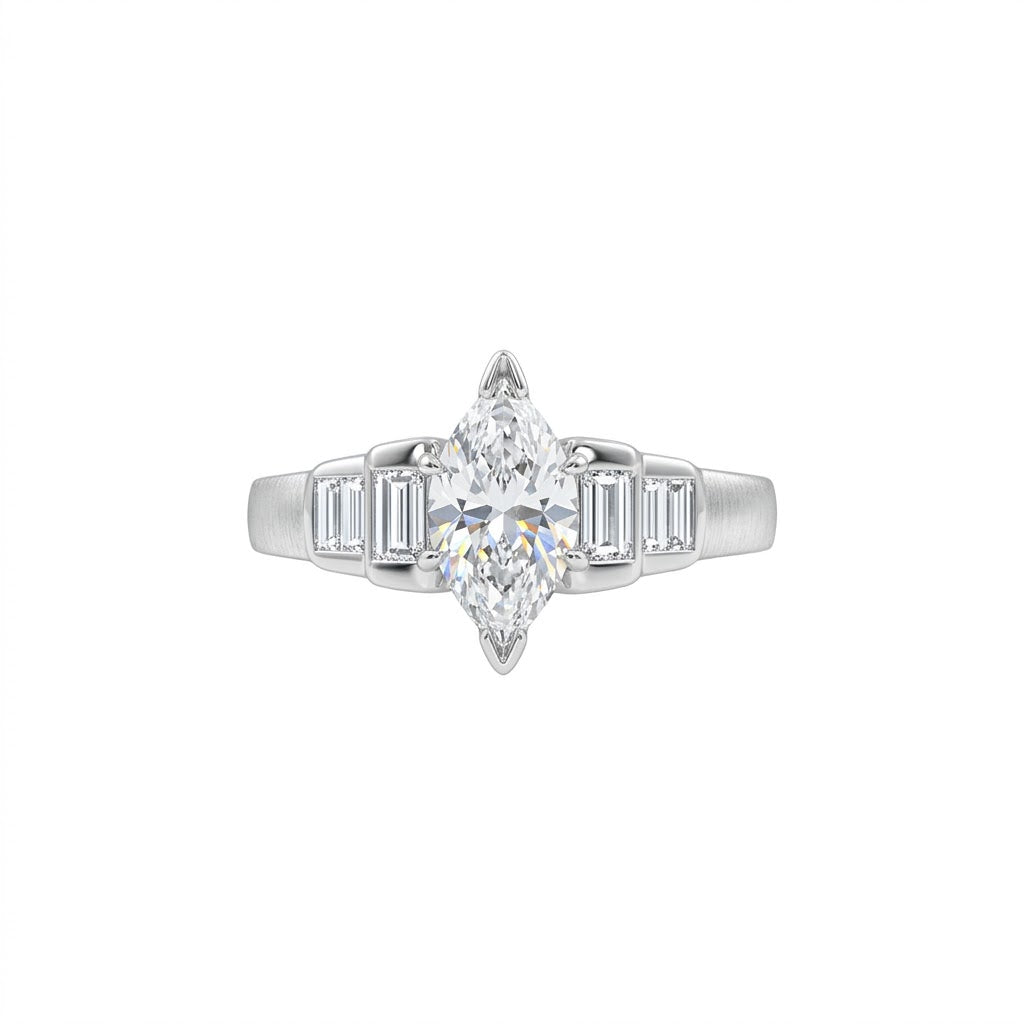 Marquise Diamond Engagement Ring with Channel-Set Baguette Cut Diamond Side Stones all in 14K White Gold