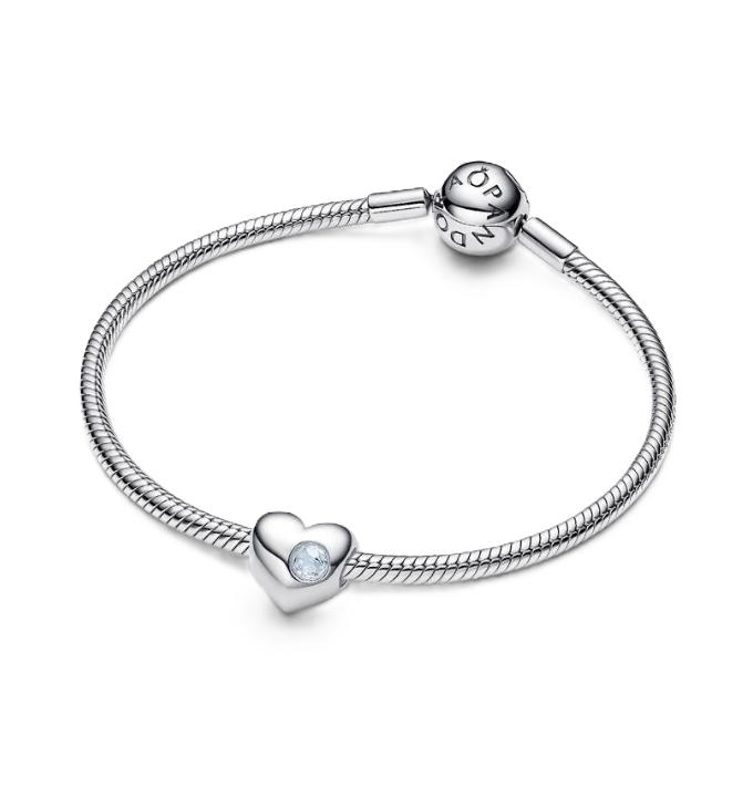Pandora March Birthstone Heart Charm in Sterling Silver with a Sea Aqua Blue Man-Made Crystal
