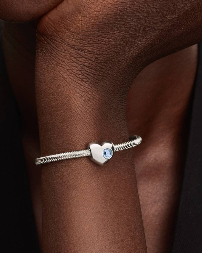 Pandora March Birthstone Heart Charm in Sterling Silver with a Sea Aqua Blue Man-Made Crystal