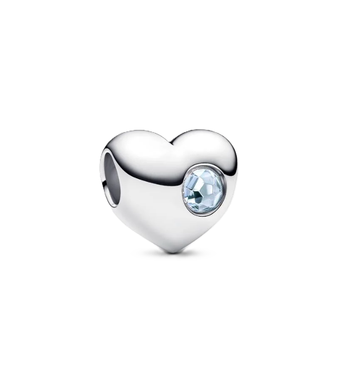 Pandora March Birthstone Heart Charm in Sterling Silver with a Sea Aqua Blue Man-Made Crystal