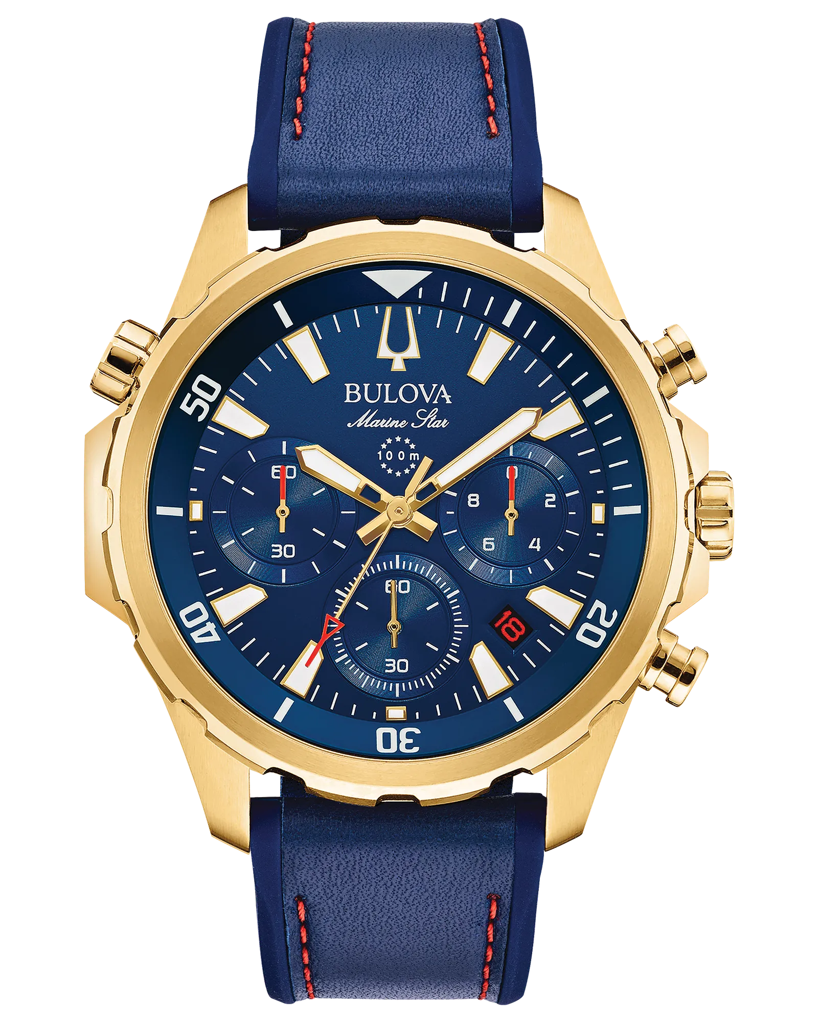 Bulova Marine Star Chronograph Gold-Tone Stainless Steel Watch with a Blue Dial and Blue Silicone Strap