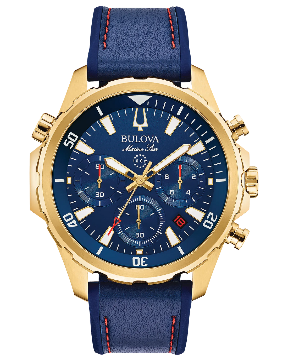 Bulova Marine Star Chronograph Gold-Tone Stainless Steel Watch with a Blue Dial and Blue Silicone Strap