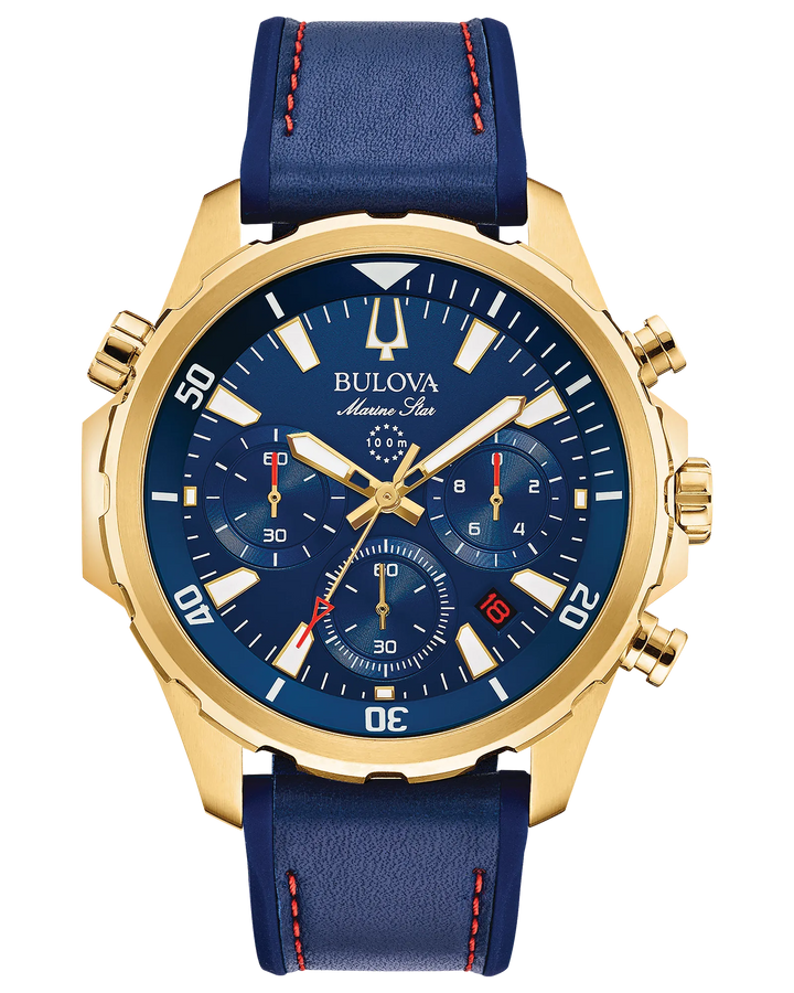 Bulova Marine Star | Chronograph | Gold-Tone Stainless Steel | Blue Dial | Blue Silicone Strap | 43mm | 97B168 - Brownee Jewelers