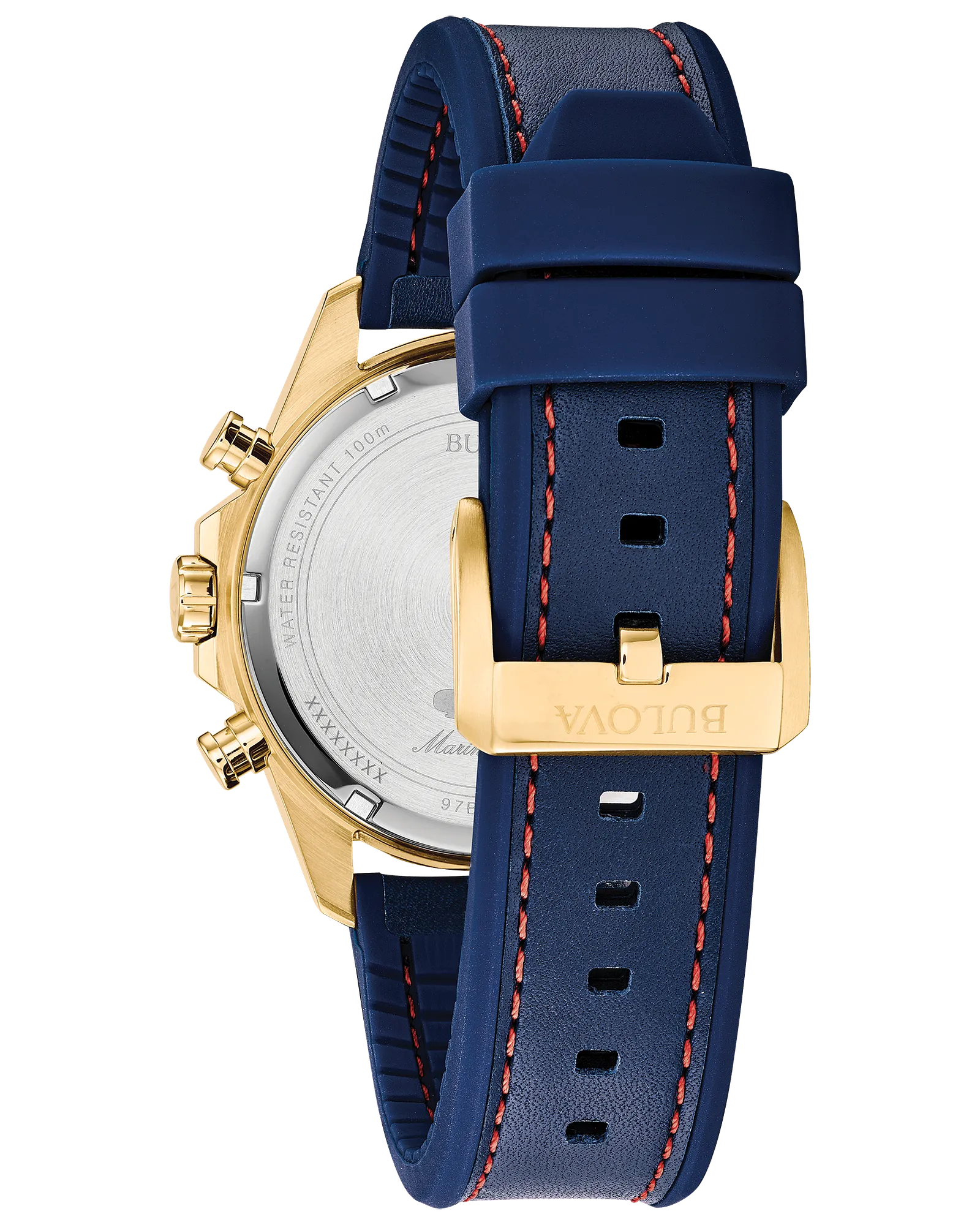 Bulova Marine Star Chronograph Gold-Tone Stainless Steel Watch with a Blue Dial and Blue Silicone Strap
