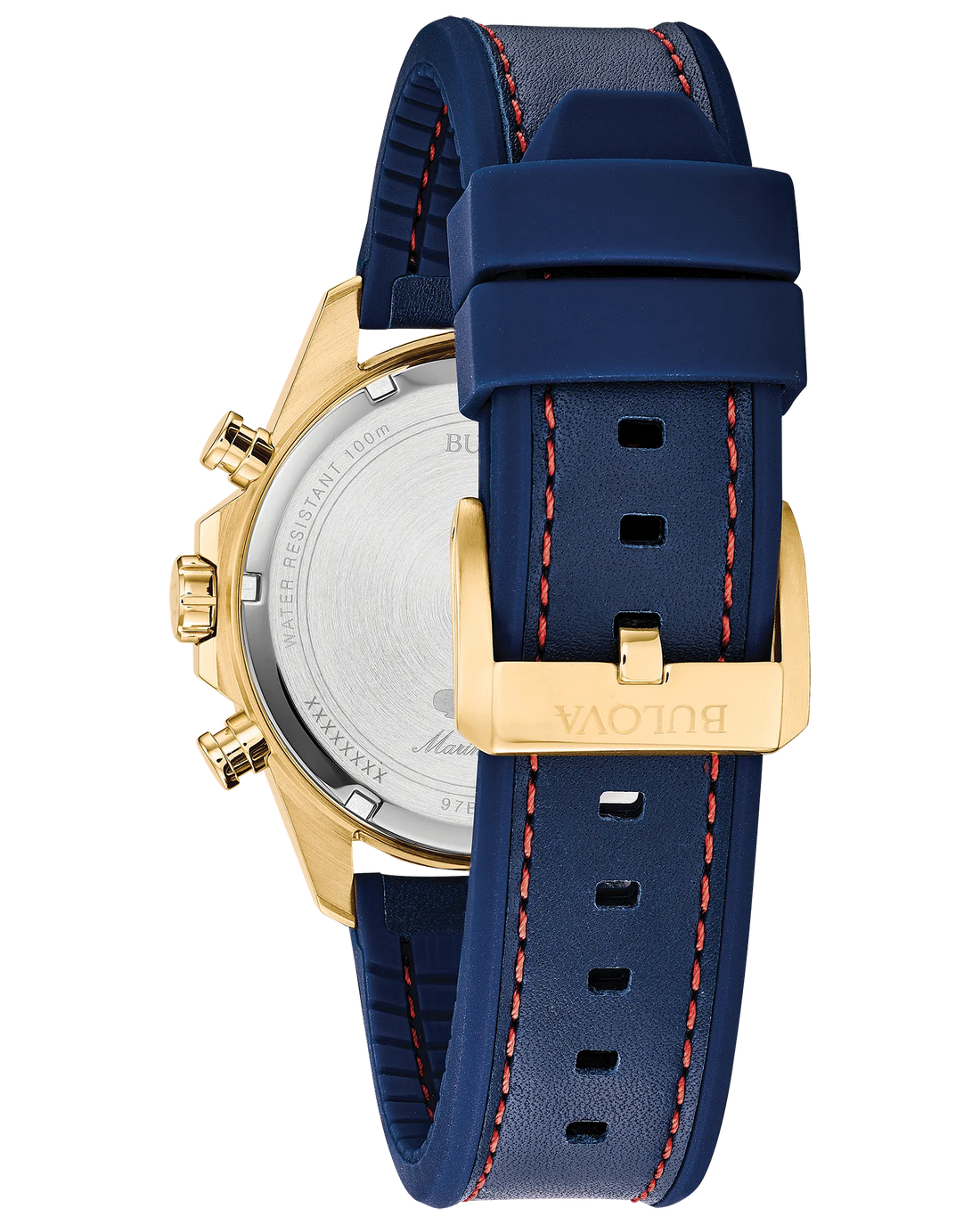 Bulova Marine Star Chronograph Gold-Tone Stainless Steel Watch with a Blue Dial and Blue Silicone Strap