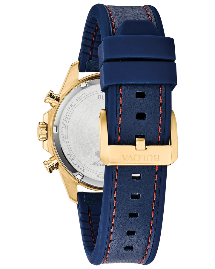 Bulova Marine Star | Chronograph | Gold-Tone Stainless Steel | Blue Dial | Blue Silicone Strap | 43mm | 97B168 - Brownee Jewelers