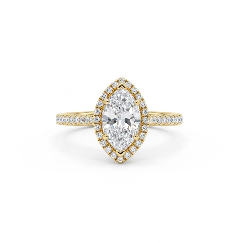 Marquise Diamond Halo Engagement Ring | 14K Yellow Gold | 1.11 CT Marquise Diamond with Pavé Diamond Accents - Brownee Jewelers