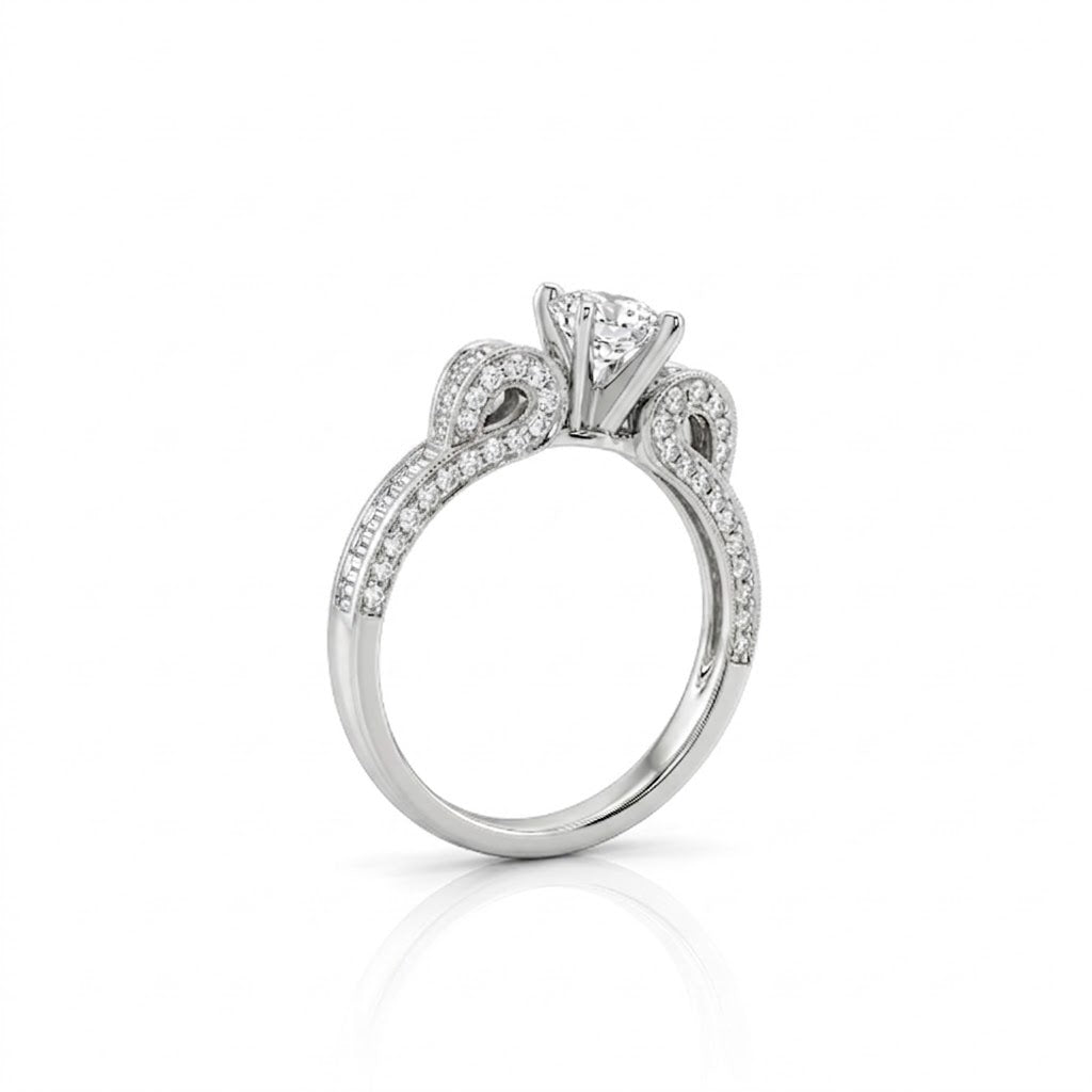 Marquise Center Engagement Ring with Baguette Accents on the Band and Round Diamonds on the Shank for Total Carat Weight of .68ctw, all in 14kt White Gold