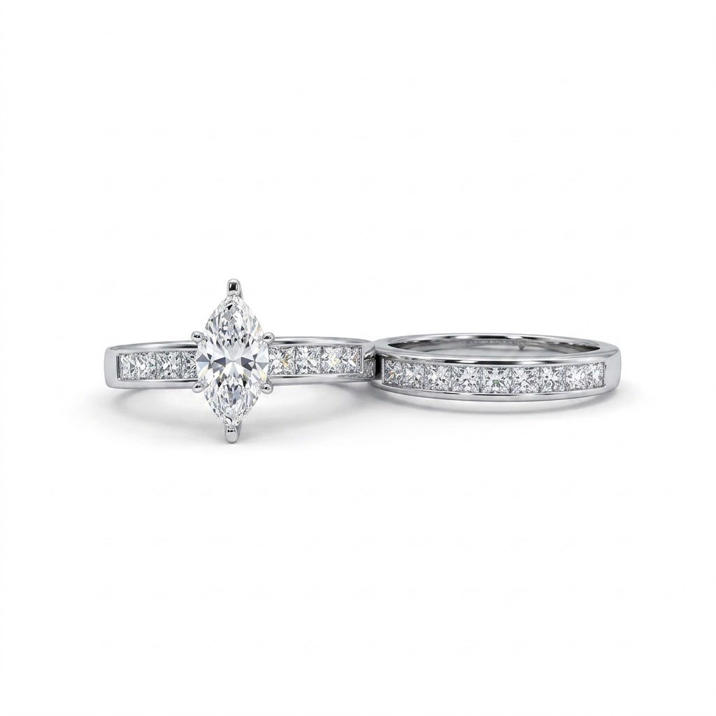 1 Carat Marquise Center Diamond Bridal Set with Channel-Set Princess Cut Diamond Accents on both Engagement and Wedding Bands all in 14K White Gold