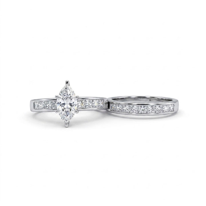 1 Carat Marquise Center Diamond Bridal Set with Channel-Set Princess Cut Diamond Accents on both Engagement and Wedding Bands all in 14K White Gold