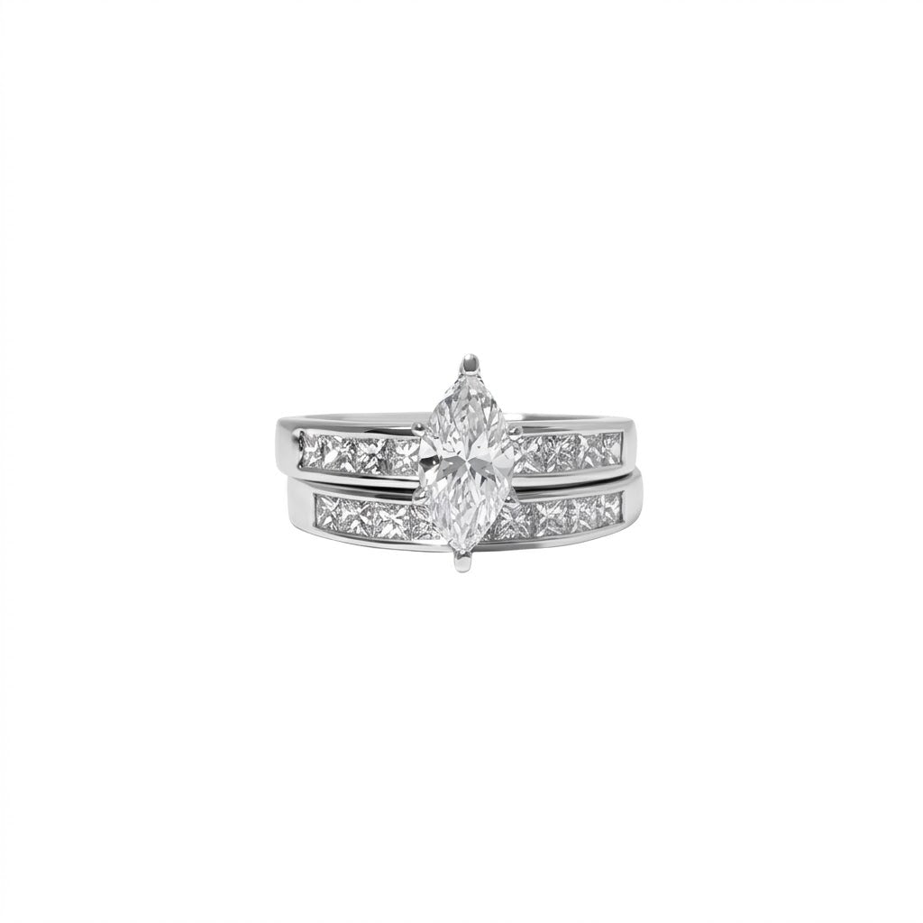 1 Carat Marquise Center Diamond Bridal Set with Channel-Set Princess Cut Diamond Accents on both Engagement and Wedding Bands all in 14K White Gold
