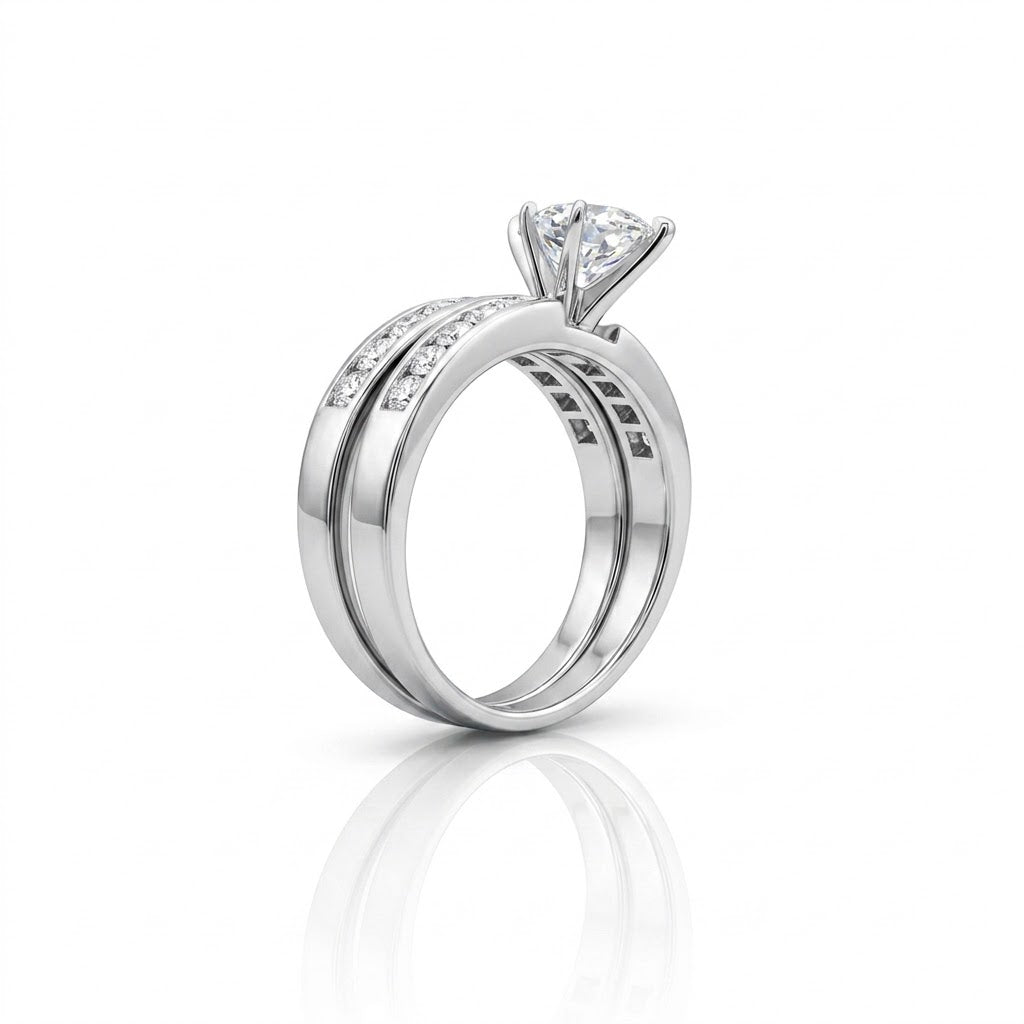 1 Carat Marquise Center Diamond Bridal Set with Channel-Set Princess Cut Diamond Accents on both Engagement and Wedding Bands all in 14K White Gold