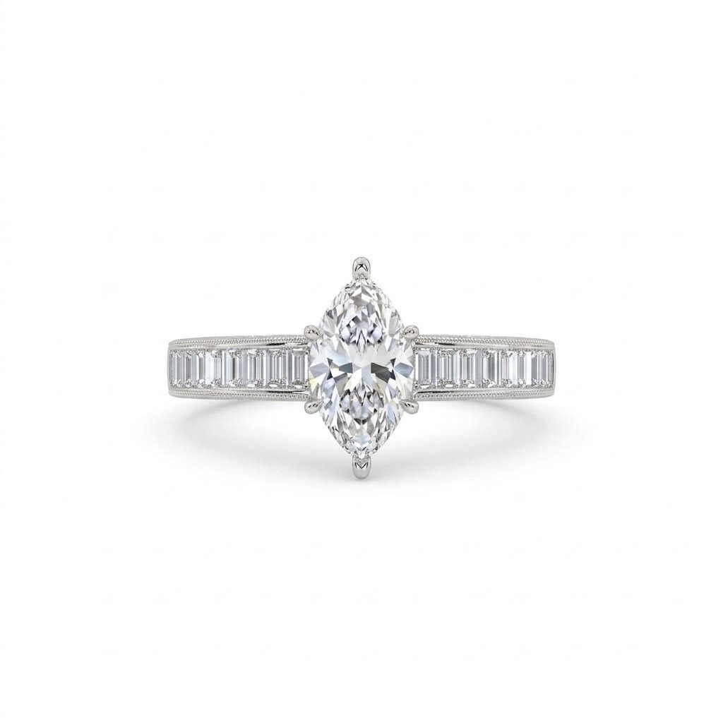 Marquise Center Engagement Ring with Baguette Accents on the Band and Round Diamonds on the Shank for Total Carat Weight of .68ctw, all in 14kt White Gold