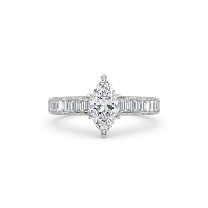 MARQUISE DIAMOND ENGAGEMENT RING | 14K WHITE GOLD | BAGUETTE & ROUND DIAMOND ACCENTS | .68CT | JAGi21351012 - Brownee Jewelers