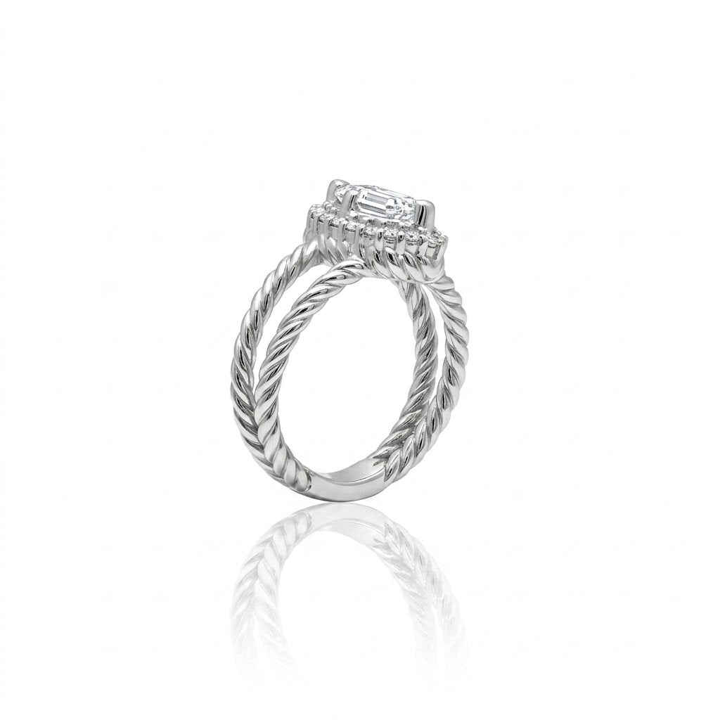 Approximately 1 Carat Center Marquise Diamond Halo Engagement Ring with 20 Round Diamond Accents and Twisted Split Shank Band all in 14K White Gold