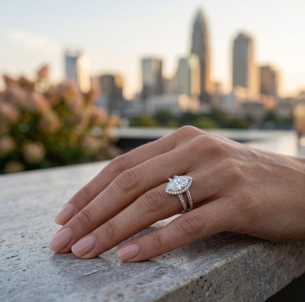 Approximately 1 Carat Center Marquise Diamond Halo Engagement Ring with 20 Round Diamond Accents and Twisted Split Shank Band all in 14K White Gold