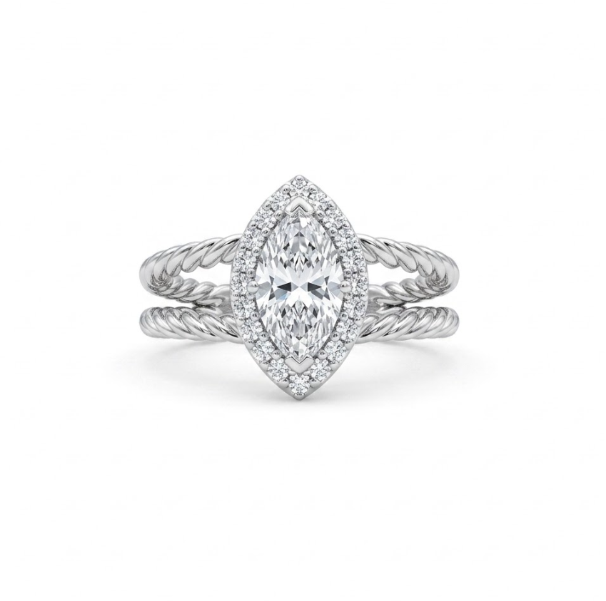 Approximately 1 Carat Center Marquise Diamond Halo Engagement Ring with 20 Round Diamond Accents and Twisted Split Shank Band all in 14K White Gold