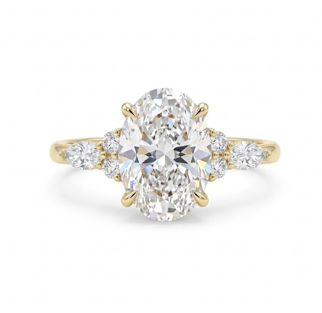Oval Lab-Grown Diamond Ring | 14K Yellow Gold | 6.00 ct Center, 6.50 ctw | Marquise & Round Accent Design - Brownee Jewelers