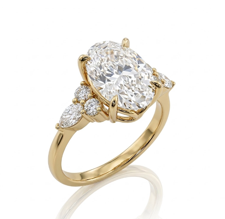 Oval Lab-Grown Diamond Ring | 14K Yellow Gold | 6.00 ct Center, 6.50 ctw | Marquise & Round Accent Design - Brownee Jewelers
