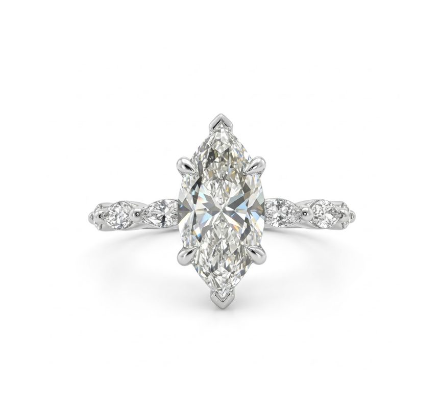 Marquise Lab-Grown Diamond Engagement Ring | 14K White Gold | 2.58 ct Center | 3.11 ctw | VS1/F IGI Certified | Marquise Side Stones - Brownee Jewelers