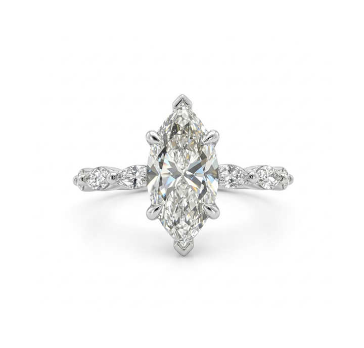 Marquise Lab-Grown Diamond Engagement Ring | 14K White Gold | 2.58 ct Center | 3.11 ctw | VS1/F IGI Certified | Marquise Side Stones - Brownee Jewelers