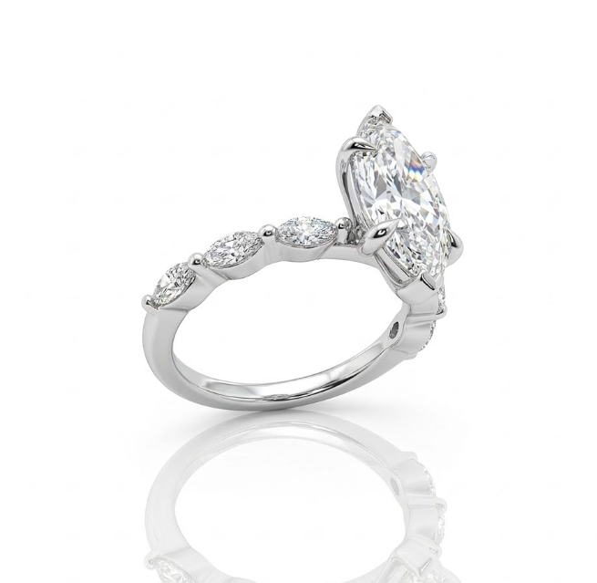Marquise Lab-Grown Diamond Engagement Ring | 14K White Gold | 2.58 ct Center | 3.11 ctw | VS1/F IGI Certified | Marquise Side Stones - Brownee Jewelers